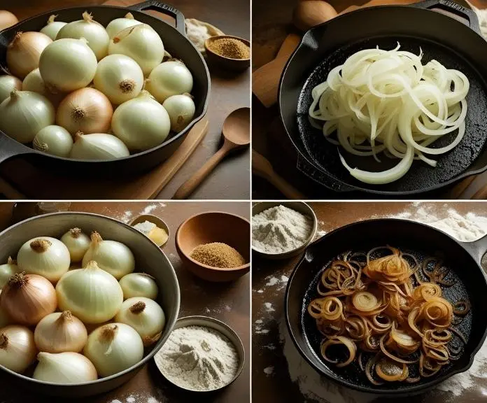 Side-by-side comparison of ruined Tennessee onions: overcrowded pan, burnt sugar, undercooked vs. perfect caramelized onions in cast iron skillet with warning symbols