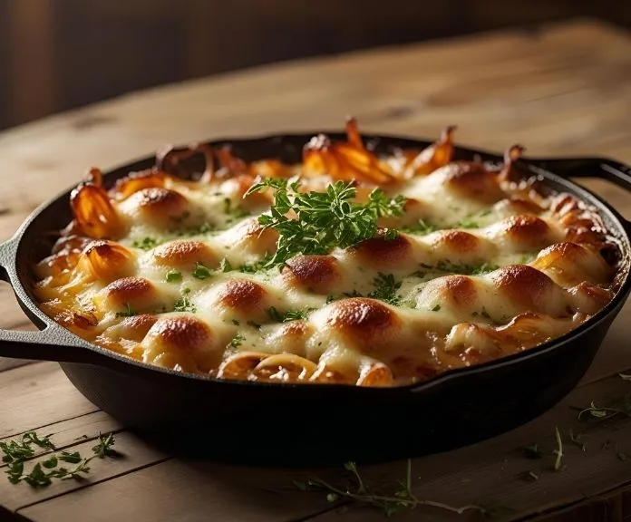 Cast-iron skillet filled with caramelized sweet onions, melted cheddar and Parmesan cheese, and a crispy cracker topping. A must-make Southern comfort food dish.