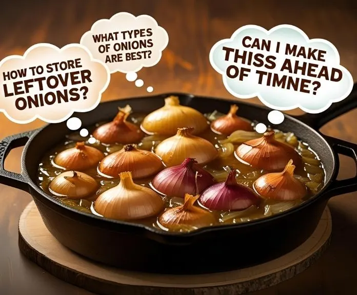Cast iron skillet of cheesy Tennessee onions with illustrated question bubbles about storage, reheating, and onion substitutions.