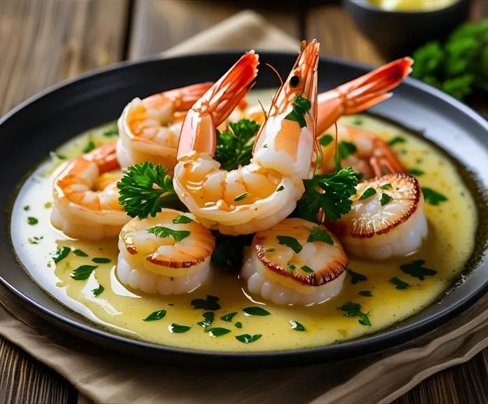 Plate of garlic butter seafood with shrimp, scallops, lobster, fresh parsley, and lemon wedges on a wooden table.