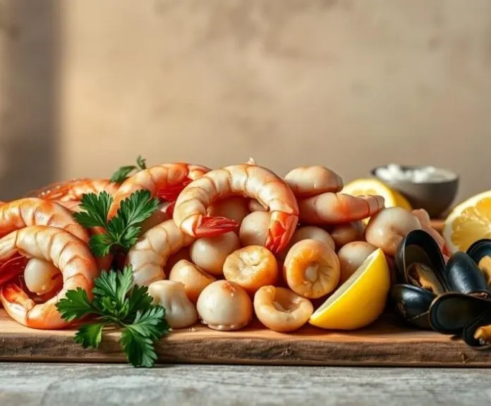 Fresh shrimp, golden butter, garlic cloves, lemon, and parsley arranged on marble counter for garlic butter seafood recipe