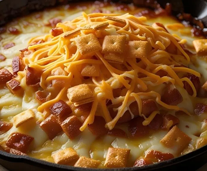 Baked Tennessee onions in a cast-iron skillet with melted cheddar cheese and a crispy Ritz cracker crust, garnished with fresh parsley.
