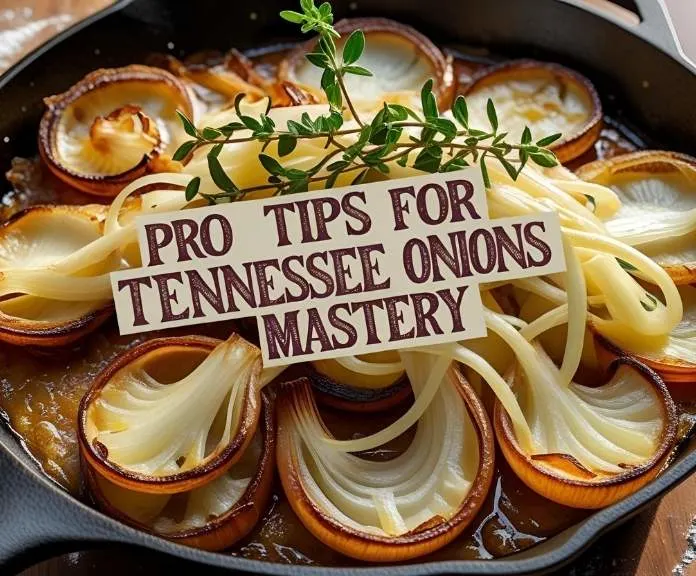 Cast iron skillet filled with perfectly baked Tennessee onions featuring bubbling cheese and golden Ritz cracker topping, surrounded by bacon bits and spices on a wooden table.