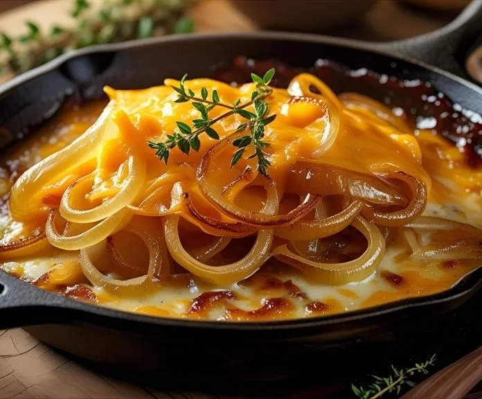 Cast-iron skillet filled with caramelized sweet onions covered in melted cheddar and Parmesan cheese, garnished with fresh thyme.