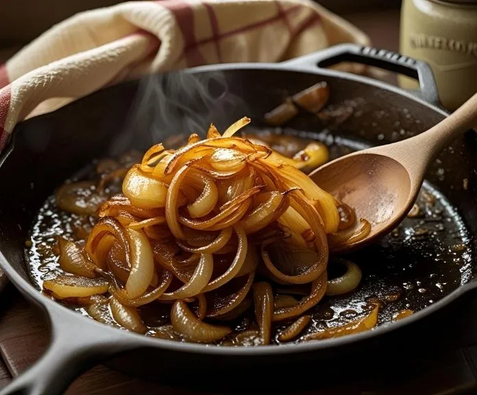 Cast iron skillet with caramelized Tennessee onions, glistening with butter and golden-brown edges, styled with vintage kitchenware for authentic Southern cooking