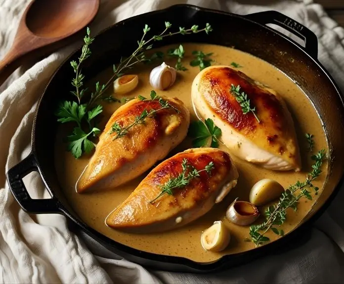 Top view of a creamy chicken skillet with seared chicken breasts in a rich sauce, garnished with fresh parsley and served in a rustic black skillet.