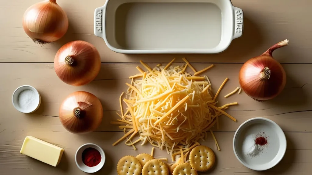 Flat-lay of Tennessee onions ingredients: Vidalia onions, shredded cheddar cheese, Ritz crackers, butter, and paprika arranged on a wooden table with a baking dish.