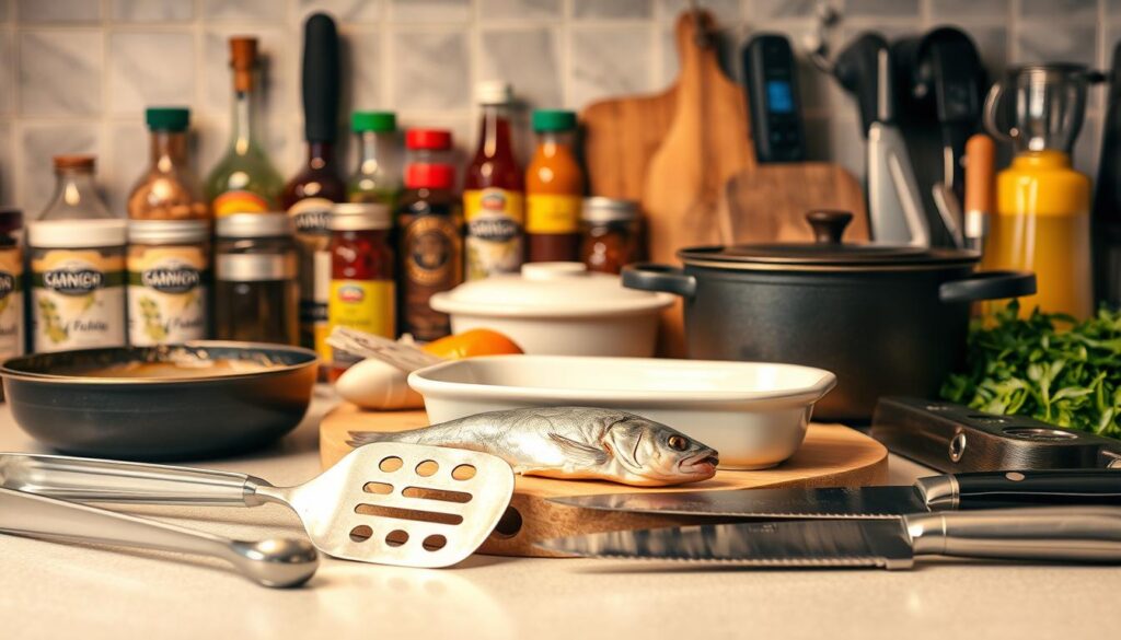 Kitchen tools for garlic butter seafood: stainless steel skillet, garlic press, zester, tongs, and wooden spoon on rustic table