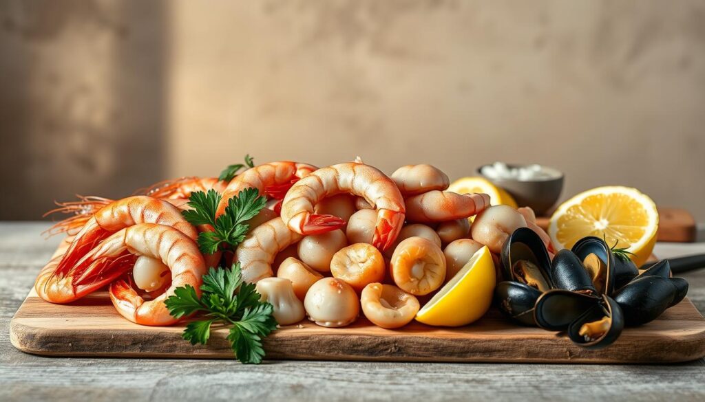 Fresh shrimp, golden butter, garlic cloves, lemon, and parsley arranged on marble counter for garlic butter seafood recipe