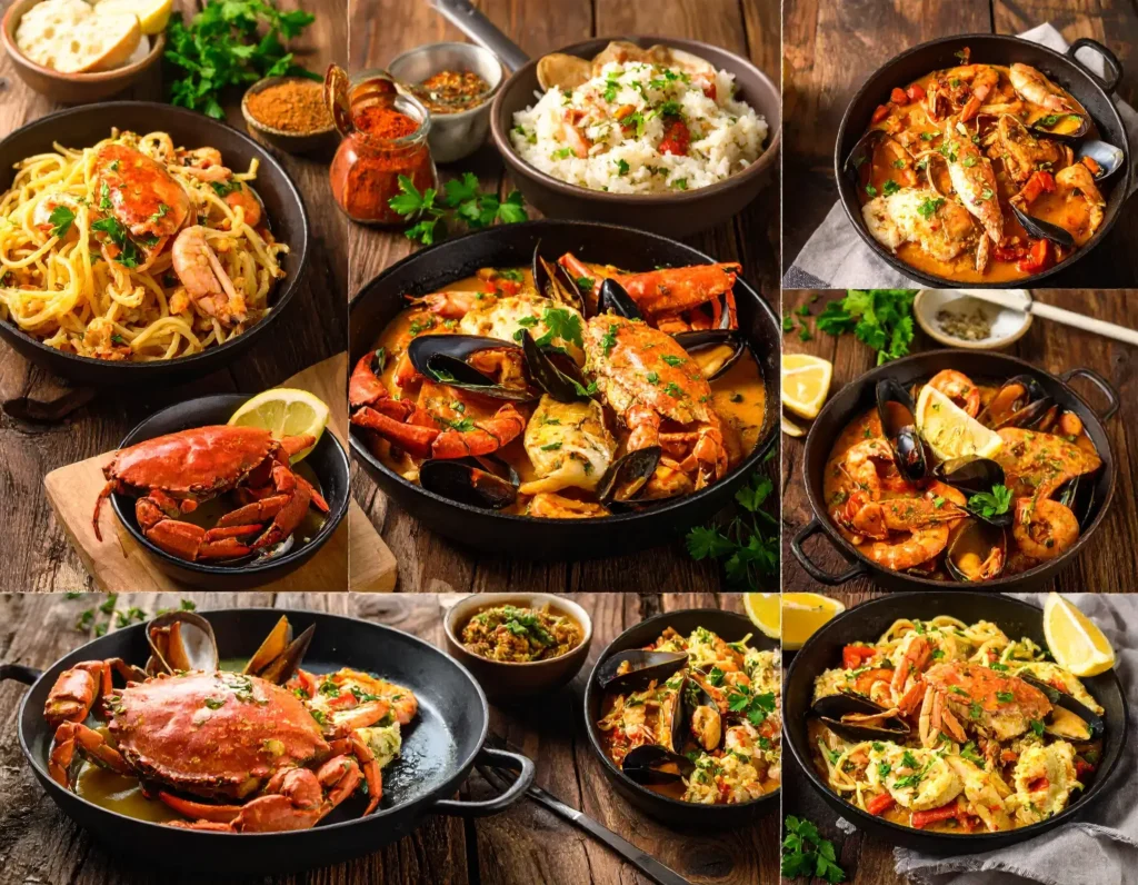 Garlic butter seafood with crab, mussels, white fish, spices, and side dishes like rice, pasta, and bread.