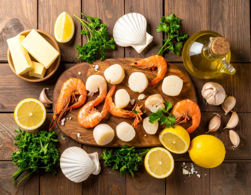 Fresh ingredients for garlic butter seafood recipe including shrimp, scallops, lobster, garlic, parsley, lemon, butter, and olive oil on wooden board.