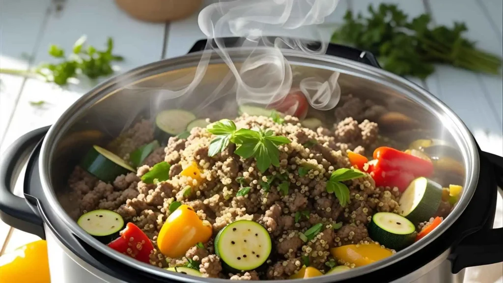 A nutritious Instant Pot meal with lean ground beef, quinoa, and colorful vegetables, garnished with fresh herbs for a healthy twist.
