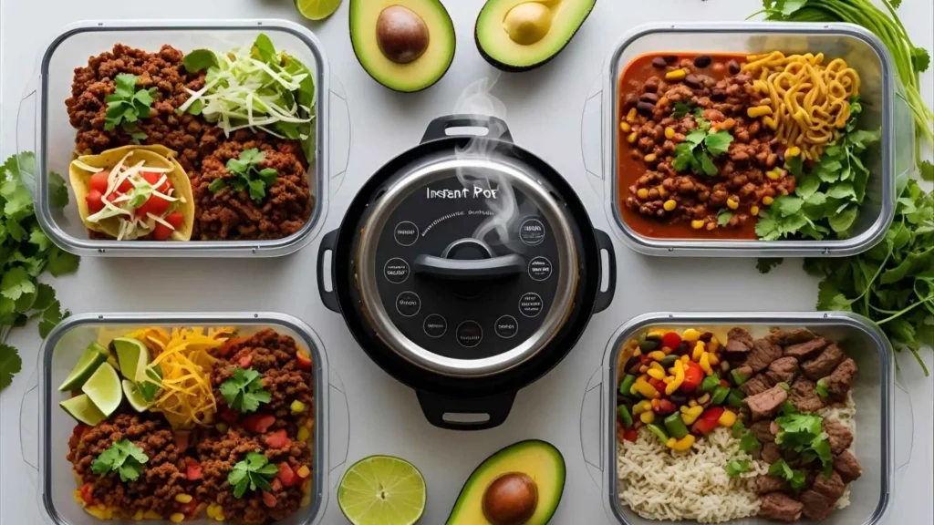 Meal prep containers filled with delicious ground beef Instant Pot meals (taco bowls, pasta, and chili) ready for the week, with fresh toppings and cooking tools nearby.