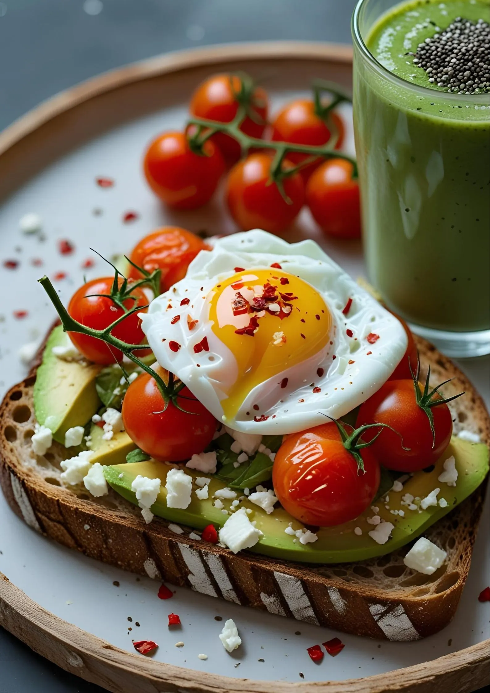Sourdough avocado toast topped with sliced cherry tomatoes, crumbled feta cheese, a perfectly poached egg, and chili flakes, with a green smoothie in the background.