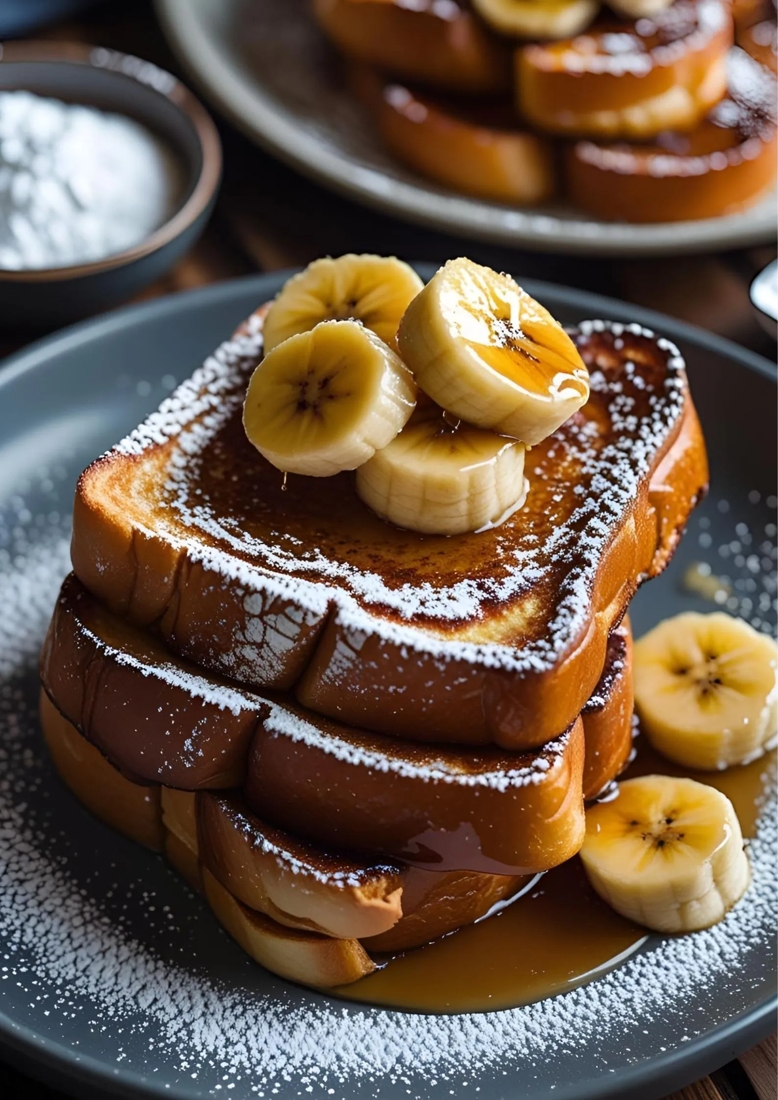 Thick slices of golden brioche French toast dusted with powdered sugar, topped with caramelized bananas and a cinnamon stick.