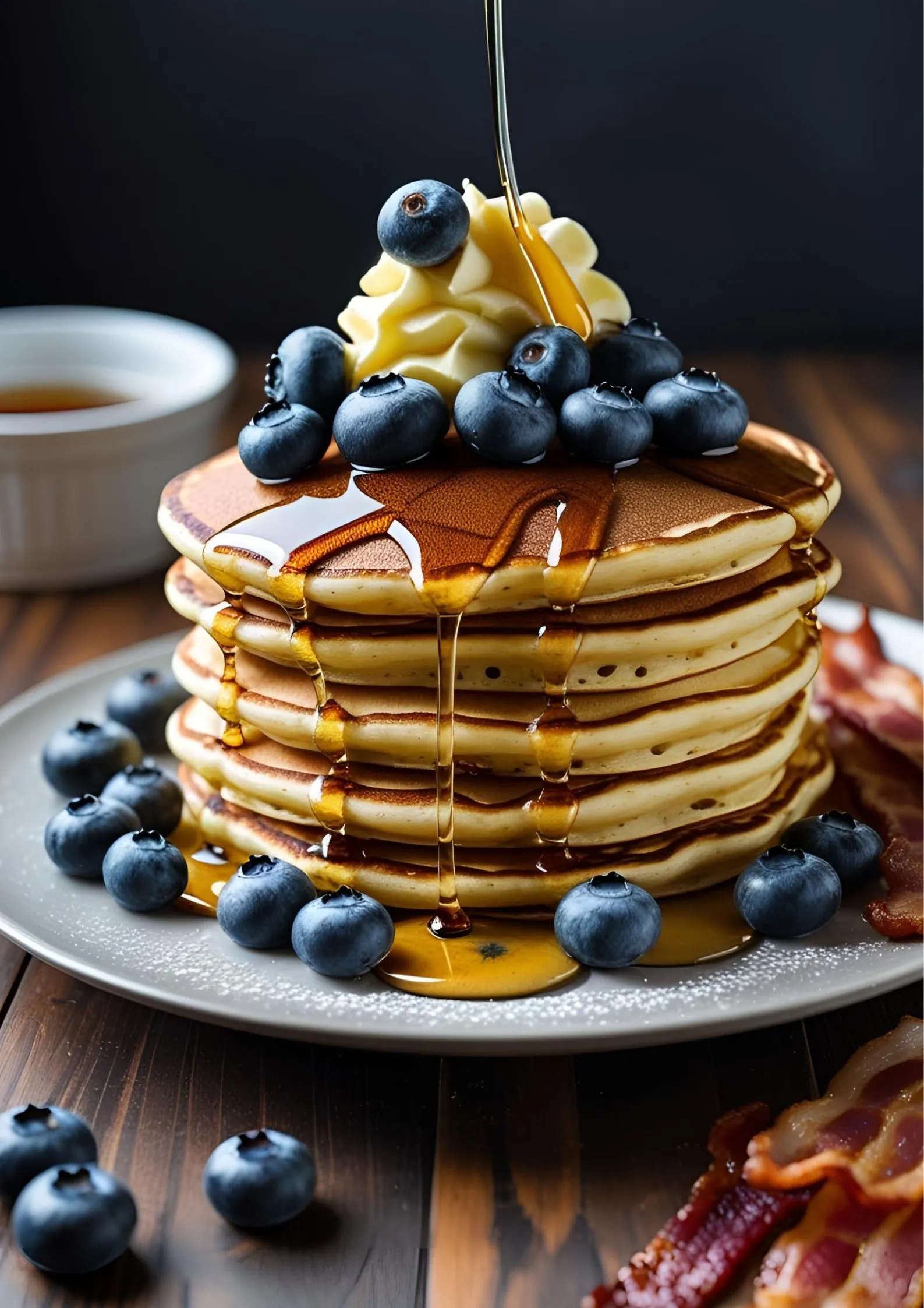 Fluffy golden buttermilk pancakes stacked high, drizzled with maple syrup, topped with fresh blueberries and melting butter, with crispy bacon on the side.