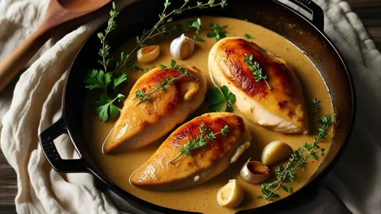 Top view of a creamy chicken skillet with seared chicken breasts in a rich sauce, garnished with fresh parsley and served in a rustic black skillet.