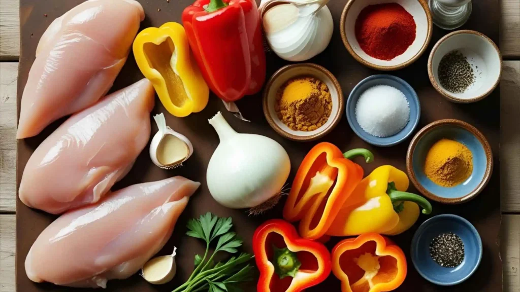 Flat lay of raw ingredients for creamy chicken skillet, including chicken breasts, onion, garlic, bell pepper, cream, paprika, curry powder, parsley, olive oil, and spices on a wooden surface.