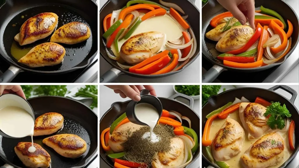 Collage showing five steps to make a creamy chicken skillet: searing chicken, sautéing vegetables, adding cream, seasoning the sauce, and the finished dish in a skillet.