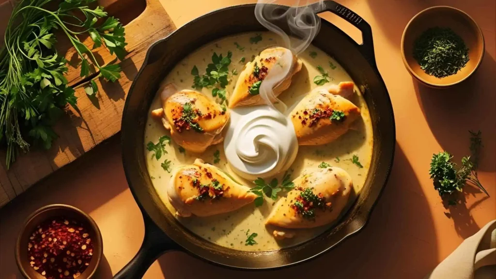 Visual layout showing cooking tips: chili flakes, cream being added to a skillet, fresh herbs, and a creamy chicken skillet cooking on the stove.
