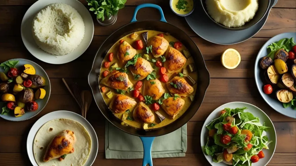 Top-down view of creamy chicken skillet served with rice, mashed potatoes, salad, and tortilla wraps for leftovers.