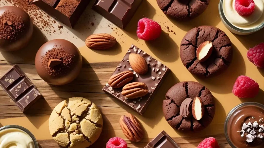 Assortment of healthy chocolate desserts tailored for keto, paleo, gluten-free, and vegan diets, displayed with fresh ingredients on a wooden table.