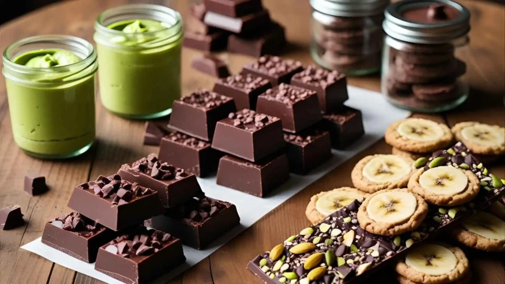 Late healthy chocolate desserts including avocado mousse, vegetarian dark chocolate fuses, bananas oatmeal cookies, and Nuts with Greek curd chocolate bark.