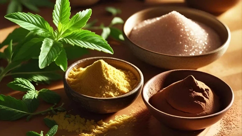 Natural sweeteners including stevia leaves, monk fruit powder, erythritol crystals, and cocoa powder arranged alongside a homemade chocolate dessert.