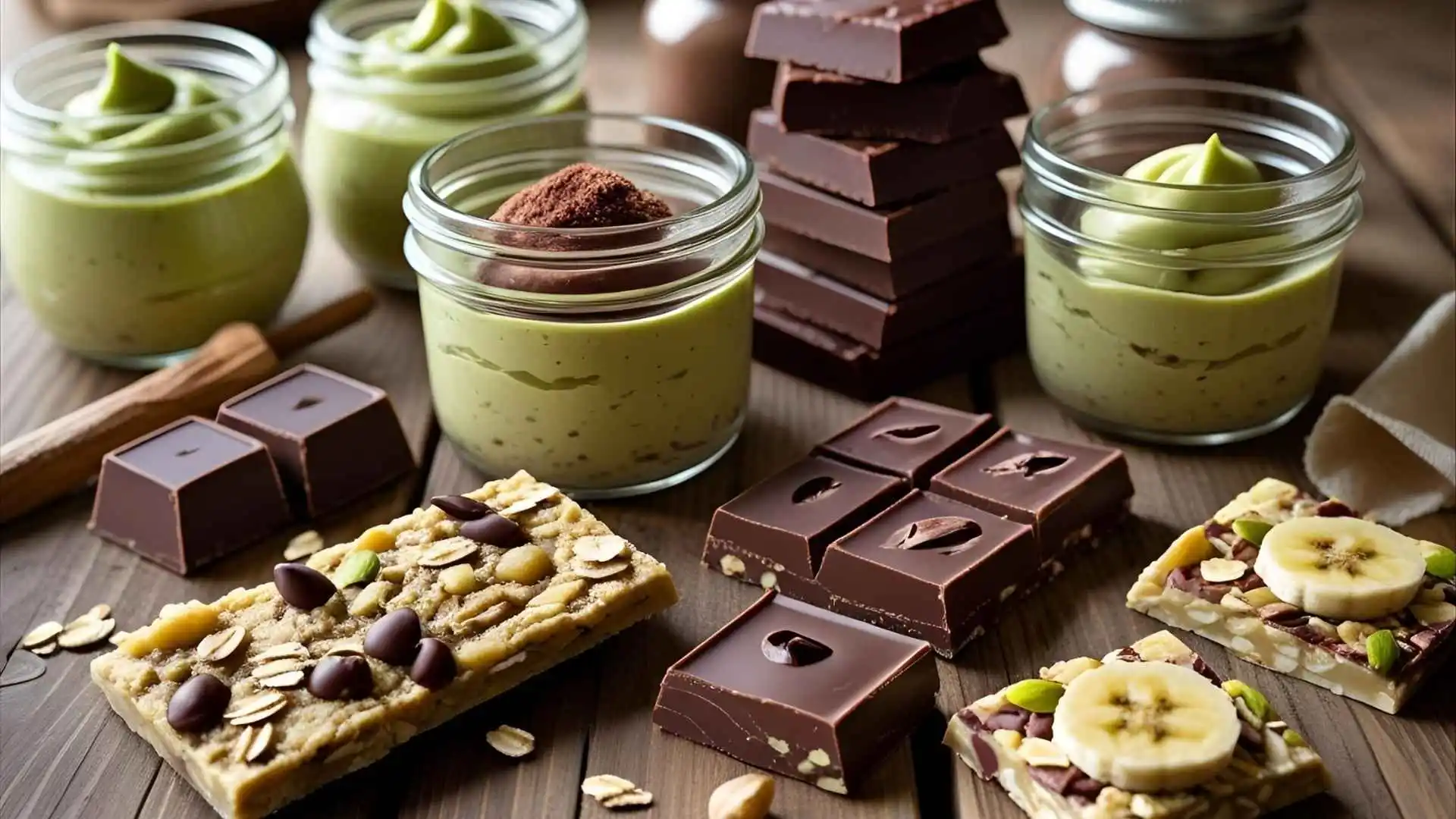 Classification of hHealthy Chocolate Recipes desserts including avocado mouses, dark chocolate fuuds, bananas oatmeal cookies, and Greek yogurt bark on a rustic wooden table.