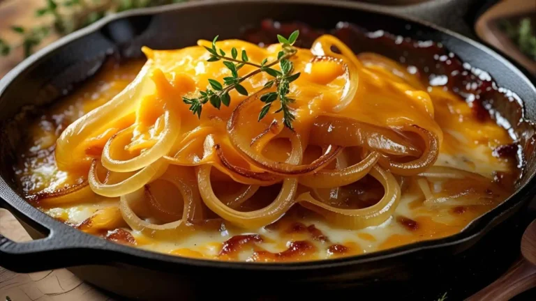 Cast-iron skillet filled with caramelized sweet onions covered in melted cheddar and Parmesan cheese, garnished with fresh thyme.