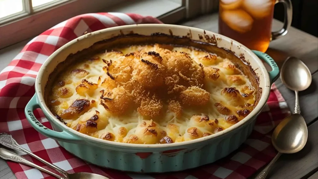 Vintage baking dish filled with caramelized Tennessee onions topped with melted cheese and crispy breadcrumbs, styled with rustic Southern decor.