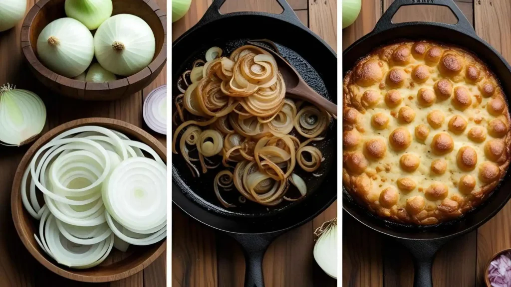 Step-by-step cooking process for perfect Tennessee onions showing raw preparation, caramelizing, and finished cheesy baked dish on rustic wood background