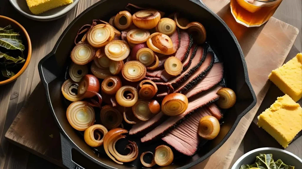 Golden Tennessee onion casserole in cast iron served with smoked brisket, cornbread, collard greens and sweet tea on rustic wooden table