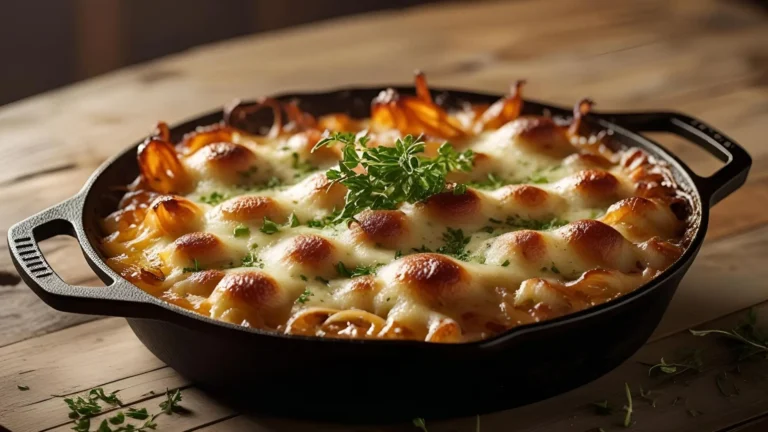 Cast-iron skillet filled with caramelized sweet onions, melted cheddar and Parmesan cheese, and a crispy cracker topping. A must-make Southern comfort food dish.
