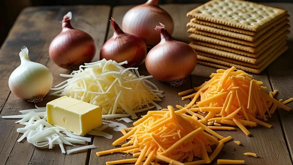 Step-by-step guide to making Tennessee onions: sliced sweet onions, shredded cheese, butter, and crackers arranged neatly with numbered cooking instructions.