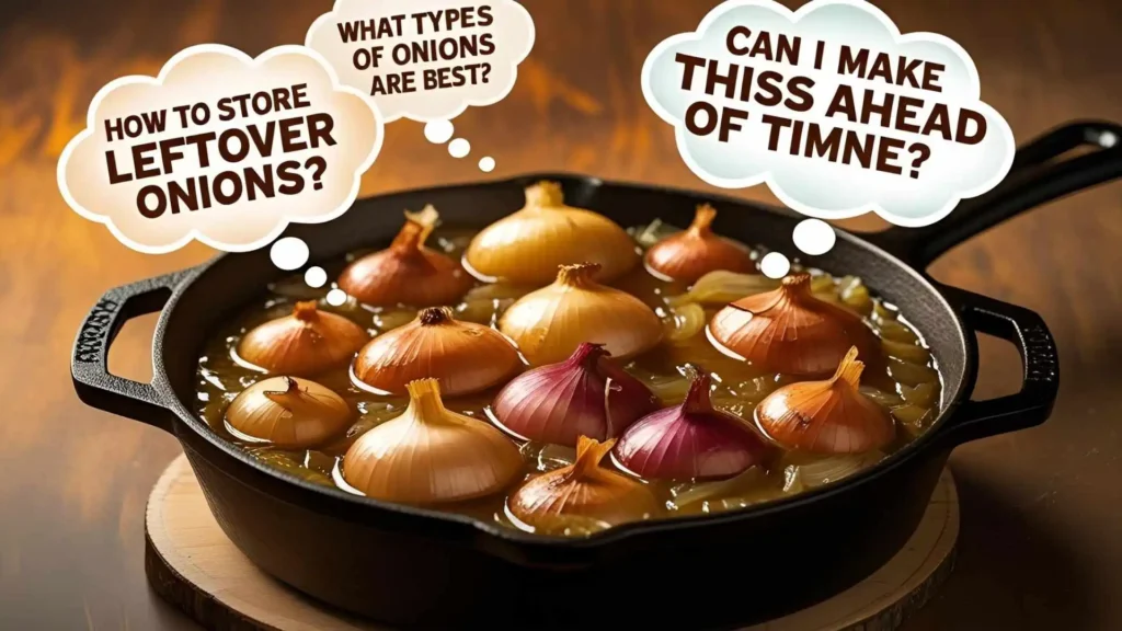 Cast iron skillet of cheesy Tennessee onions with illustrated question bubbles about storage, reheating, and onion substitutions.