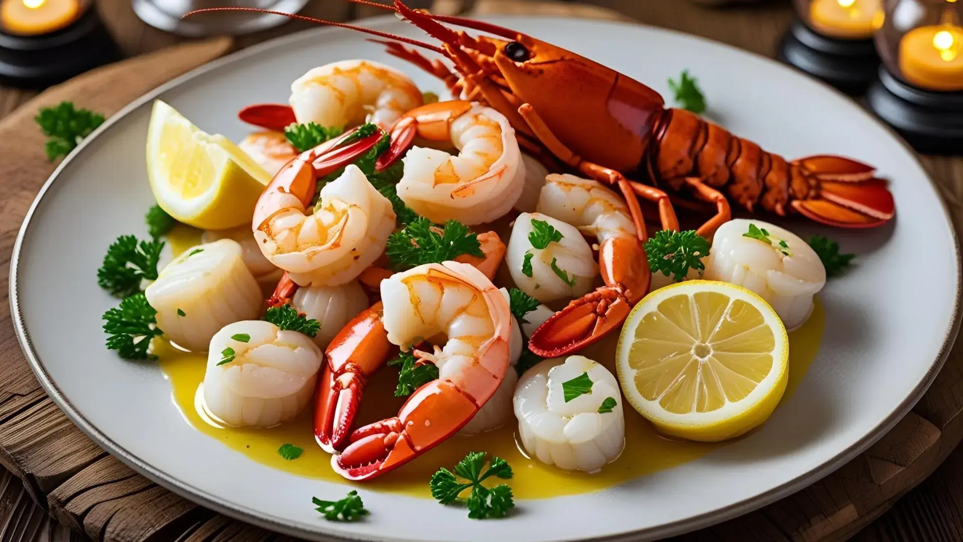 Plate of garlic butter seafood with shrimp, scallops, lobster, fresh parsley, and lemon wedges on a wooden table.
