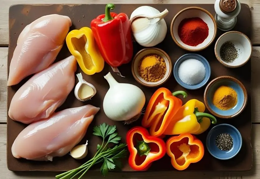 Flat lay of raw ingredients for creamy chicken skillet, including chicken breasts, onion, garlic, bell pepper, cream, paprika, curry powder, parsley, olive oil, and spices on a wooden surface.