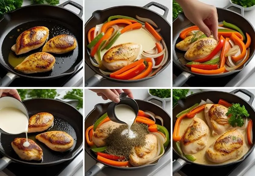 Collage showing five steps to make a creamy chicken skillet: searing chicken, sautéing vegetables, adding cream, seasoning the sauce, and the finished dish in a skillet.