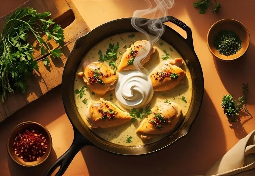 Visual layout showing cooking tips: chili flakes, cream being added to a skillet, fresh herbs, and a creamy chicken skillet cooking on the stove.
