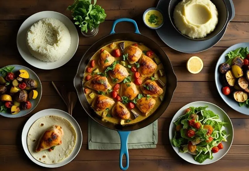 Top-down view of creamy chicken skillet served with rice, mashed potatoes, salad, and tortilla wraps for leftovers.
