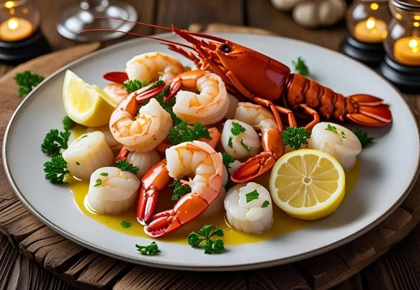 Plate of garlic butter seafood with shrimp, scallops, lobster, fresh parsley, and lemon wedges on a wooden table.
