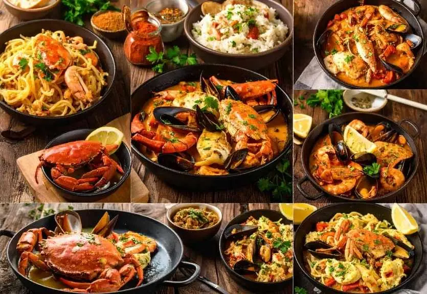 Garlic butter seafood with crab, mussels, white fish, spices, and side dishes like rice, pasta, and bread.
