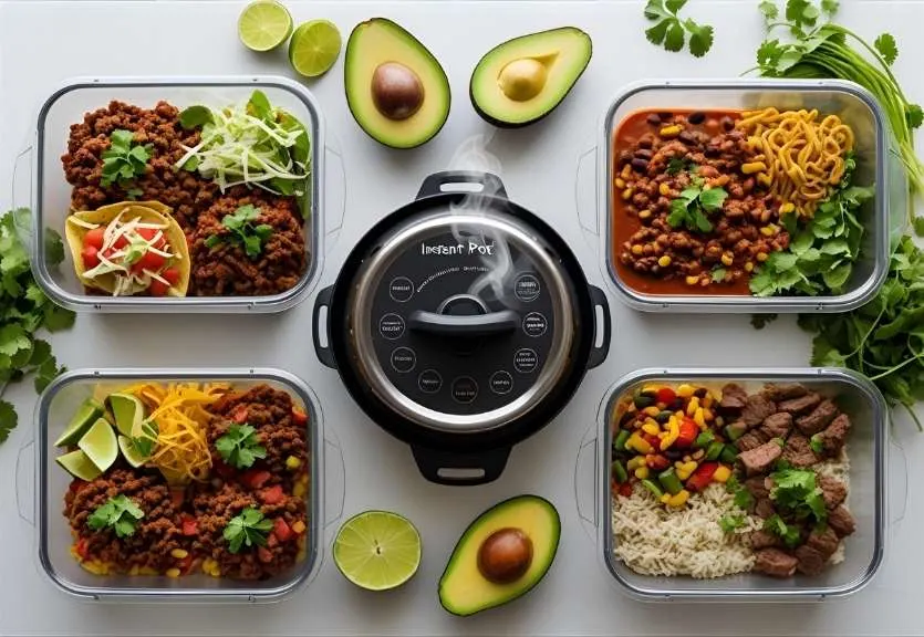 Meal prep containers filled with delicious ground beef Instant Pot meals (taco bowls, pasta, and chili) ready for the week, with fresh toppings and cooking tools nearby.
