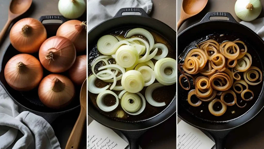 Step-by-step cast iron caramelized onions: raw Vidalias, butter melting in skillet, and golden-brown finished onions with vintage cooking tools