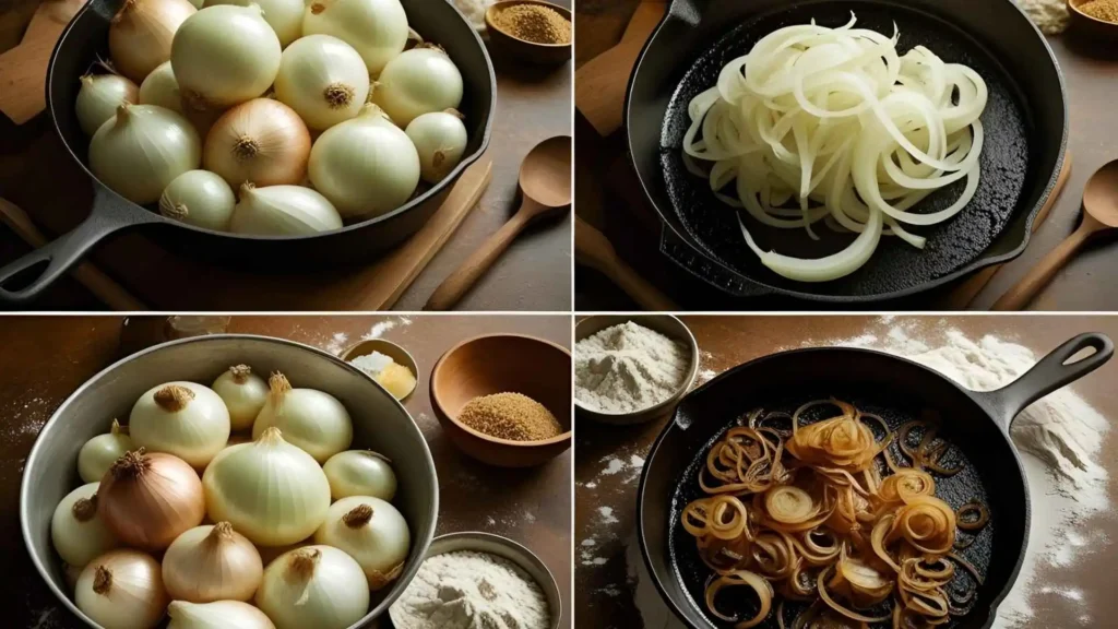 Side-by-side comparison of ruined Tennessee onions: overcrowded pan, burnt sugar, undercooked vs. perfect caramelized onions in cast iron skillet with warning symbols