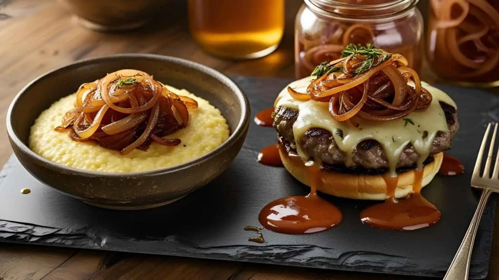 Creative ways to serve Tennessee onions: piled on cheesy grits, topping a burger, and drizzled with vinegar, styled on rustic wood with Southern charm