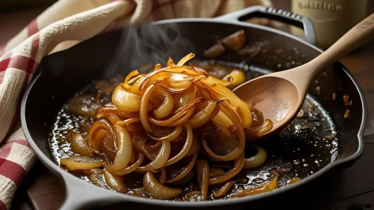 Cast iron skillet with caramelized Tennessee onions, glistening with butter and golden-brown edges, styled with vintage kitchenware for authentic Southern cooking