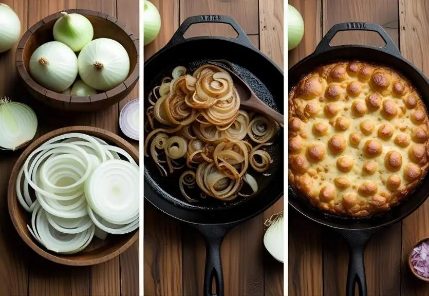Step-by-step cooking process for perfect Tennessee onions showing raw preparation, caramelizing, and finished cheesy baked dish on rustic wood background
