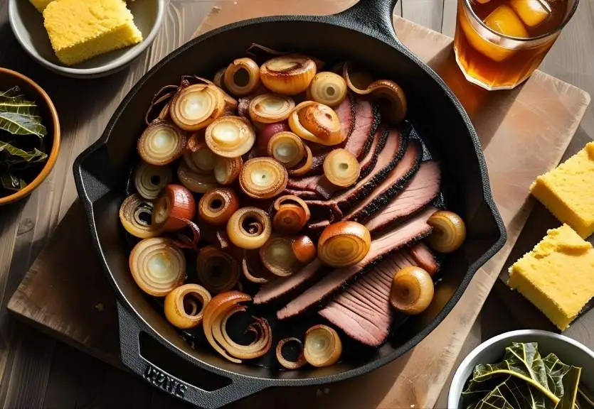 Golden Tennessee onion casserole in cast iron served with smoked brisket, cornbread, collard greens and sweet tea on rustic wooden table